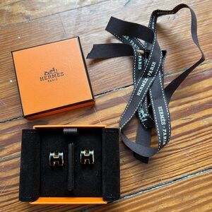 Authentic Hermes Mini Pop H Black & Gold Enamel Earrings